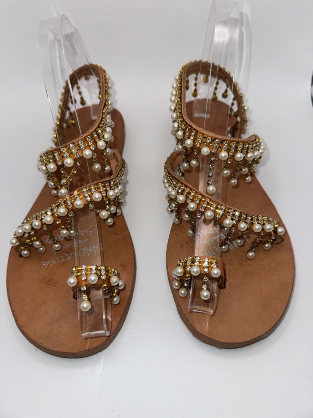 Innovative Greek Sandals GSP Real Leather Pearl Rhinestone Gold Flat Sandal